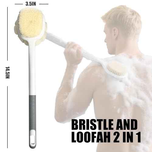 Shower Body Brush Soft Bristles and Loofah Long Handle Back Scrubber Bath Mesh Sponge Skin Exfoliating Men and Women (Grey)