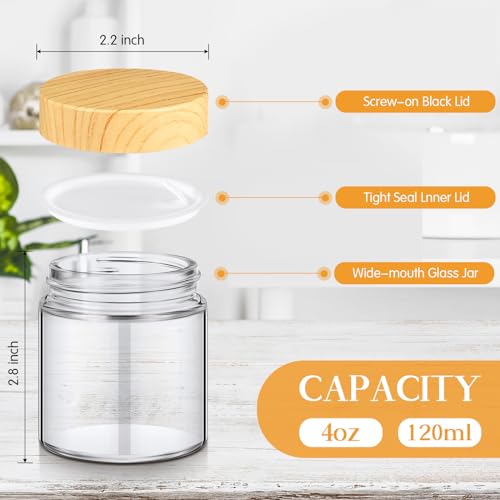Norme 64 Pcs 4 oz Glass Jars with Lids Empty Small Glass Containers and Inner Liners Reusable Cosmetic Jars Round Airtight Bottles with Plastic Woodgrain Lids for Travel