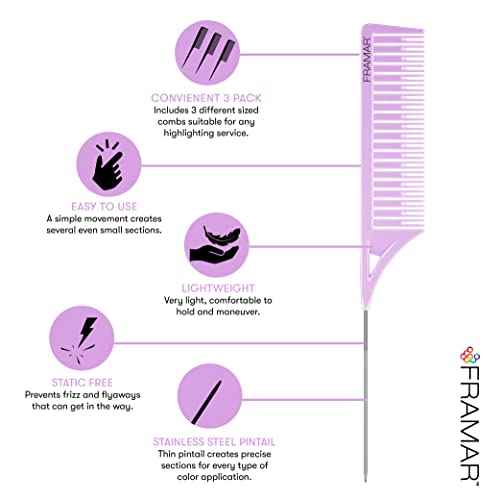 FRAMAR Dreamweaver Highlight Comb Set - Professional Highlighting Comb With Parting Tip, Hair Dye Comb, Foiling Combs For Highlighting, Highlight Combs For Highlighting ? 3 Pack Pastel