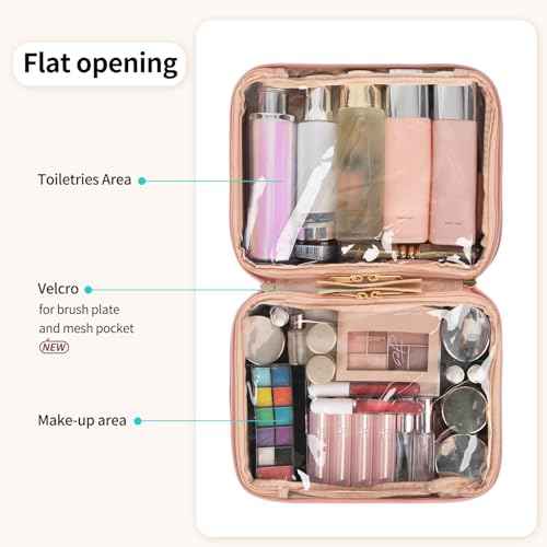 OCHEAL Makeup Bag, Makeup Travel Bag Large Capacity Cosmetic Organizer Bag with Makeup Brush Compartment & Handle for Women Girls Travel Toiletry Accessories-Pink