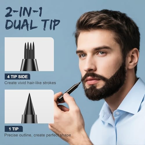 Beard Pen - Beard Pencil Filler for Men, Beard Filler with Beard Brush & Comb, 2-in-1 Dual-Ended Beard Pencils with 4-Fork-Tip & Precise Brush-Tip Birthday Gifts for Dad (Dark Brown)