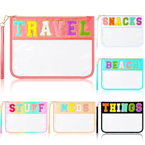 Abbylike 6 Pcs Chenille Letter Clear Zipper Pouch Summer Waterproof Cosmetic Pouch Travel Gym Beach Hawaii Bag Travel Patch Purse Makeup Letter Bag for Women Girls, 6 Colors(Charming Colors,Stylish)