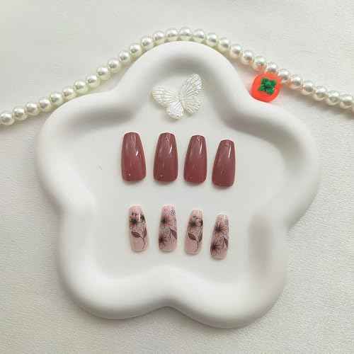 Medium Press On Brown Glossy Glue On Nails - 24Pcs Winter Fall Acrylic False Nails with Floral Designs