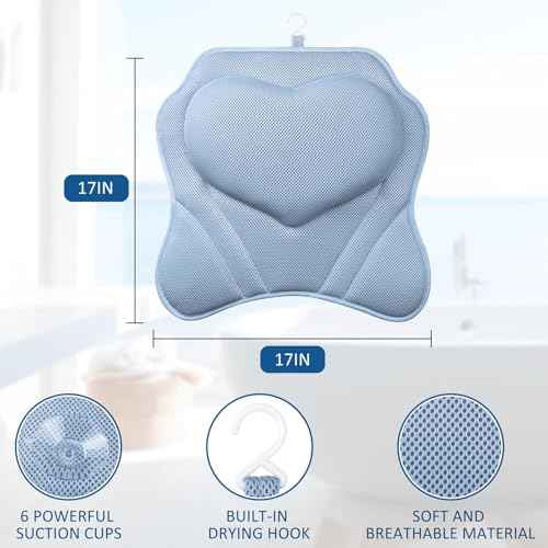 LuxStep Bath Pillow-Bathtub Pillow with Air Mesh Fabric & 6 Non-Slip Suction Cups, Bath Pillows for Tub Head, Neck and Back Support, Bath Accessories Spa Gifts, 17 * 17in, Blue