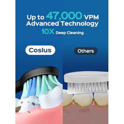 COSLUS Sonic Electric Toothbrush for Adults: 47000 VPM for Deep Cleaning & Whitening with Travel Case - 5 Modes for Sensitive Teeth & Braces, Wireless Charging, 6 Brush Heads for Home Family, Black