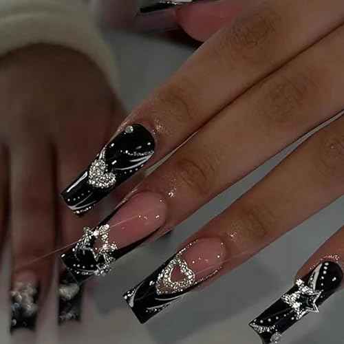 Fake Nails Black Long Press on Coffin Nails Heart Crystal Full Cover Acrylic French Shiny Fake Nails for Women and Girls 24PCS