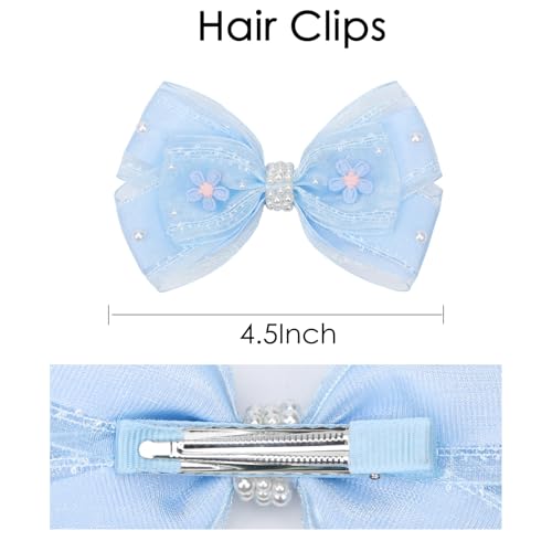 KISZU 4.5 Inch Flower Hair Bow Clips, Organza Bows with Pearls Big Hair Accessories for Baby Girls Kids Children Teens and Women (Blue)