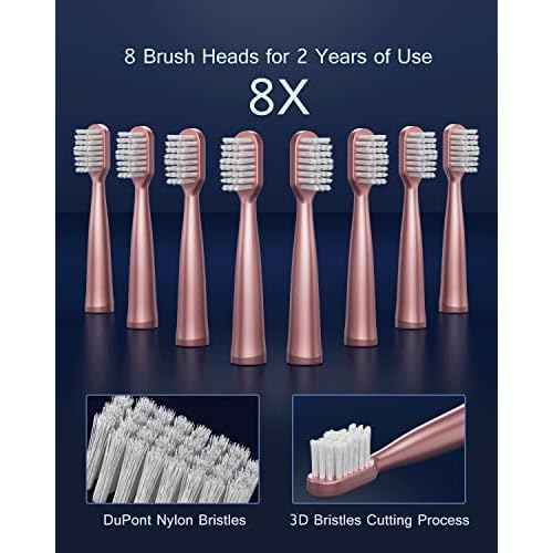 Sonic Electric Toothbrush for Adults, USB Rechargeable Sonic Toothbrush with 8 Brush Heads, Smart Timer, 5 Modes, 2-Hour Fast Charge Last 30 Days, Pink