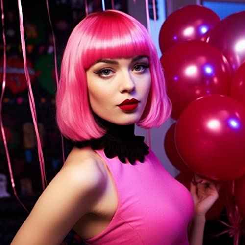 Short Bob Hair Wigs Straight with Flat Bangs Synthetic Colorful Cosplay Daily Party Neon Wig for Women + Free Wig Cap 14" Natural As Real