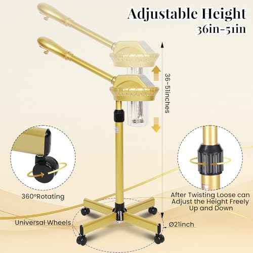 Facial Steamer Professional with More Steam for Deep Cleansing and Hydration, Estheticians Steamer on Wheels with Time Setting, Face Steamer Adjustable Height for Beauty, Spa and Home Use£¨Golden£©