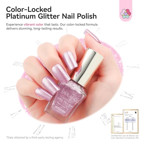 SAVILAND Color Artistry Rose Gold Glitter Nail Polish - 7 Days Shimmer Air Quick Dry Holographic Fingernail Polish, Sparkle Pink High Glossy Home DIY Manicure Gift for Women