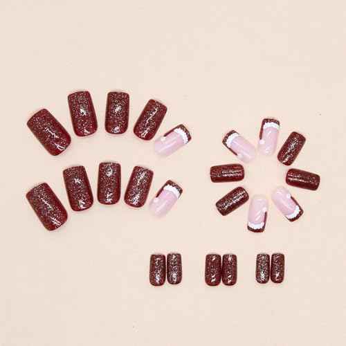 Christmas Hat Press on Nails Short Square Fake Nails Santa Hat Design Red French Glitter False Nails Winter Xmas Full Cover Acrylic Nails Glue on Nail for Women Girls 24Pcs