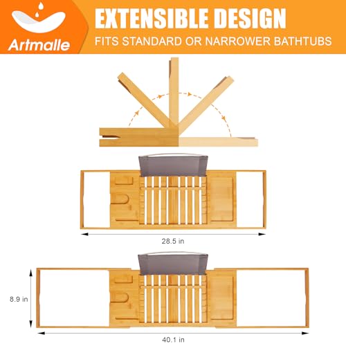 Artmalle Luxury Bathtub Caddy Tray for Tub - Foldable Bamboo Bath Table Tray with Book and Wine Glass Holder, Expandable Bathroom Accessories for Spa or Reading Lite Style