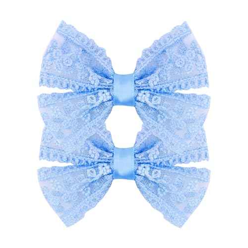 3-Inch Lace Hair Bow Clips for Girls-2PCS Vintage Multicolor Bowknot Hair Accessories, Perfect for Weddings, Birthdays & Special Events-Sky Blue