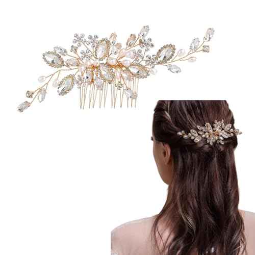 Women Girls Wedding Party Flower Pearl Hair Comb, Floral Crystal Bridal Hair Piece Side Combs Wedding Hair Pin Hair Accessories (Gold)