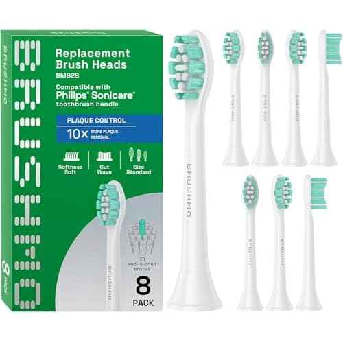 Brushmo Plaque Control Replacement Toothbrush Heads, Compatible with Philips Sonicare Click-on Electric Toothbrush Handles, 8 Standard Replacement Heads, Soft Dupont Bristles, BM928, White