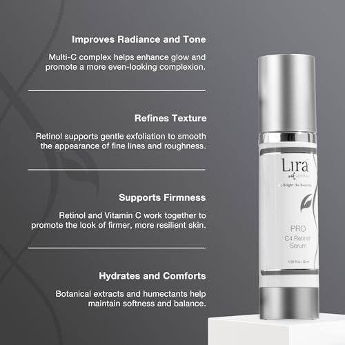 Lira Clinical Pro C4 Retinol Serum - Anti Aging Face Serum with Plant Stem Cells - Vitamin C with Licorice and Olive Extract - Perfect for Acne Prone Skin - 1.69 Ounce