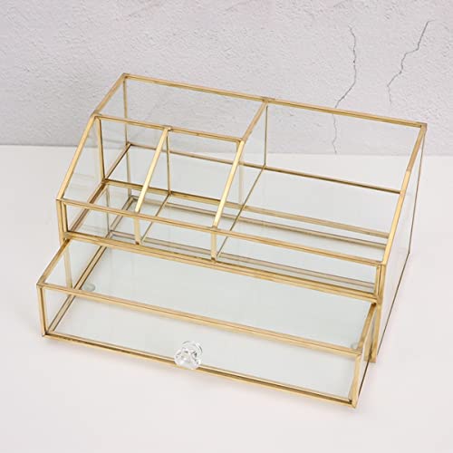 Glass Makeup Brush Holder, Makeup Brush Organizer Jewelry Display Box, Nordic Style Elegant Glass Makeup Organizer Nail Polish Lipsticks Eyeliners Holder for Vanity Bathroom Bedroom Office