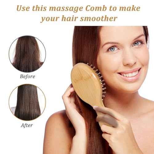 Bamboo Hair Brush, 2pcs Mini Paddle Detangling Hairbrush Wooden Hair Brush Portable Scalp Massage Comb Pocket Size Anti-Static Travel Hair Brush for Thick Thin Curly Dry Wet Hair