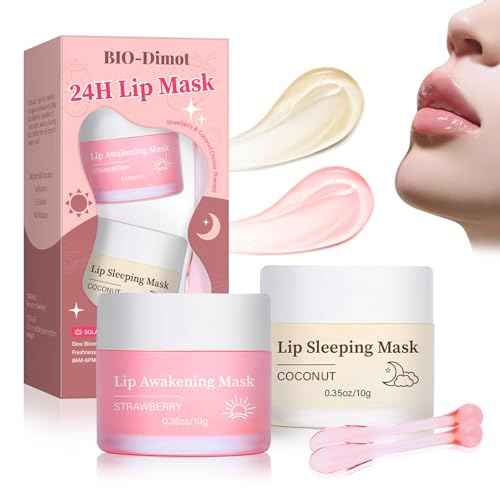 BIO-DIMOT Lip Mask Overnight Set, Strawberry Overnight Lip Mask Care Kit, Sugar Exfoliator for Dark Lips, Lip Sleeping Mask with Silicone Brush, 0.7 oz/2-piece