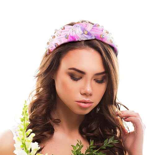 Crystal Rhinestone Headbands for Women Tie Dye Headwear Pearl Knotted Headband Diamond Velvet Purple Fabric Broad Cute Top Knot Headband Gift for Women Party Supplies 1PCS