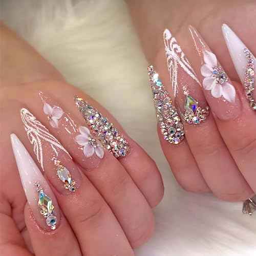 Press On Nails Almond Fake Nails Press Ons Stiletto False Nails Flower Rhinestone Acrylic Nails Glitter Bling Glue On Nails For Women 24pcs (Nude Almond Long)