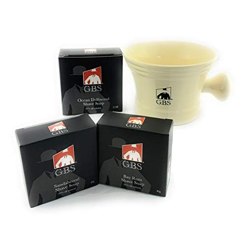 G.B.S Men's Ceramic Shaving Mug with Knob Handle and Pack of 3 Natural Soaps