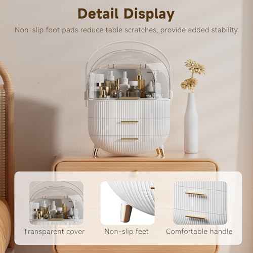 Makeup Organizers, Make Up Organizer for Vanity, Countertop Cosmetic Storage with Drawers and Transparent Cover for Bedroom Bathroom, White