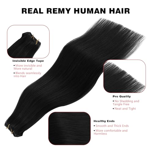ABH AMAZINGBEAUTY HAIR Invisi Edge Tape in Hair Extensions Real Human Hair, Seamless Injected Hand-Tied Virgin Human Hair Pro Quality Tape ins 20PCS 50G/Pack, Jet Black #1 20 Inch