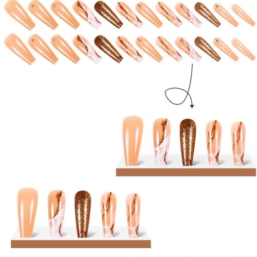 Long Press on Nails Marble False Nails Art Full Cover Acrylic Coffin Orange Fake Nails for Women and Girls 24PCS
