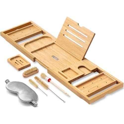 AUTODECO Bathtub Tray, Bamboo Bath Tray for Tub, Expandable Bath Tray with Bamboo Book Stand, Soap Tray, Bathtub & Bathroom Accessories Perfect for Home Spa, Natural Colour