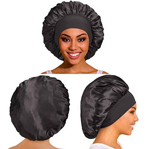 3 Pack Satin Bonnet Silk Hair Bonnet for Sleeping, Sleep Bonnets for Women Large Wide Soft Band Sleep Cap for Curly Hair Braids