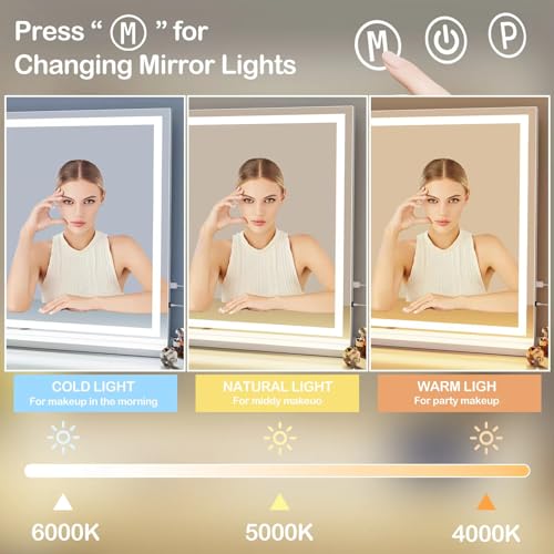 Makeup Vanity Mirror with Lights 20" L x 26" W Large LED Makeup Mirror, Light up Mirror with 10X Magnification and USB Charging Port, Dimmable 3 Modes, Touch Screen Control White