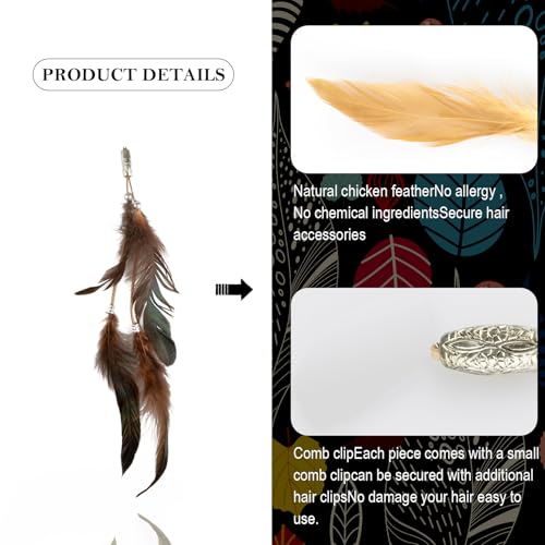 ICYANG Women Feather Hair Clips, 6 Pieces Handmade Boho Hippie Hair Extensions with Clip DIY Viking Hair Accessories Headdress