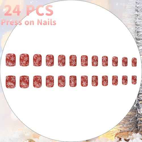 Christmas Red Press on Nails Short Square Fake Nails with Snowflake Designs Red Glossy Artificial Nails Full Cover Stick on Nails Christmas Glue on Nails for Women Nail Art DIY 24Pcs