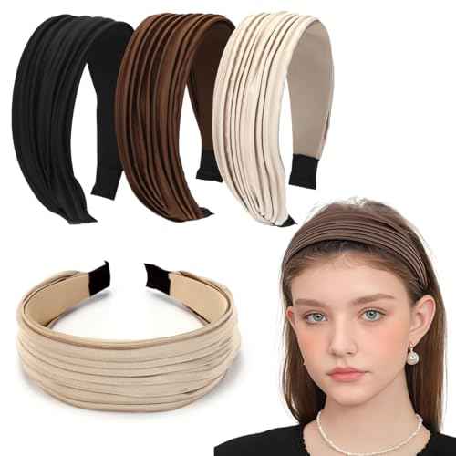 3 Pack Pleated Headbands for Women, Solid Color Wide Embroidered Headband, Fashion Hairbands Hair Accessories for Women Girls (3 Pcs Style E)