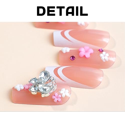 French Fake Flower Nails Square False Nails Full Cover Butterfly Acrylic Shiny Fake Nails for Women and Girls 24PCS