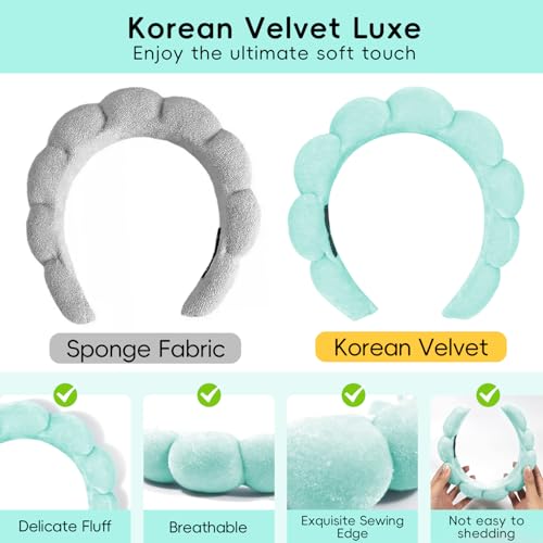 Spa Headband For Washing Face with Hair Clips Wristbands 6PK for Women Girls, Soft-Puffy Velvet Makeup Headbands for Makeup, Skincare (Green)