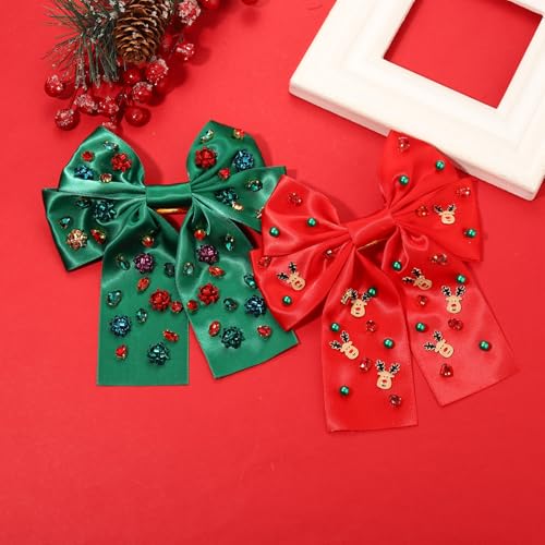 2PCS Christmas Hair Bow Clips for Women Christmas Accessories Xmas Bow Tree Reindeer Snowflake Hair Bows Silky Satin Red Green Bows Holiday Hair Ribbons Christmas Outfits Holiday Gifts