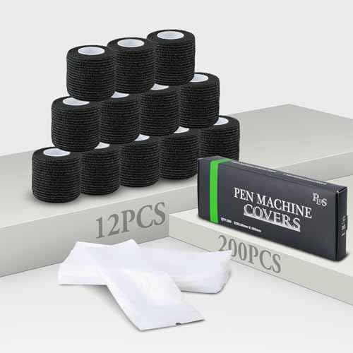 INKin Large Tattoo Machine Covers Black with Self Adhesive Tape, Tattoo Gun Wrap 200Pcs Tattoo Pen Covers with 12Pcs Rolls Tattoo Grip Tape Wrap Cover for Tattoo Supplies And Equipment