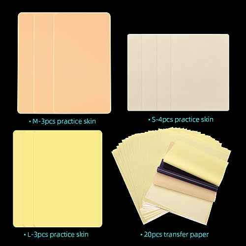Tattoo Fake Skin Tattoo Skin Practice Kit 10Pcs Tattoo Fake Skins 20Pcs Tattoo Transfer Paper for Beginners and Artists Tattoo Supplies (3L+3M+4S Skin+20 Paper)