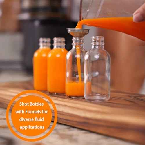 DIDITIME 6 Pack 2 oz Shot Bottles with Caps & Stainless Steel Funnels, Juicing Bottle Reusable Glass, Mini Travel Bottles, 60ml Small Jars with Lids for Potion, Ginger Shots, Oils, Juice