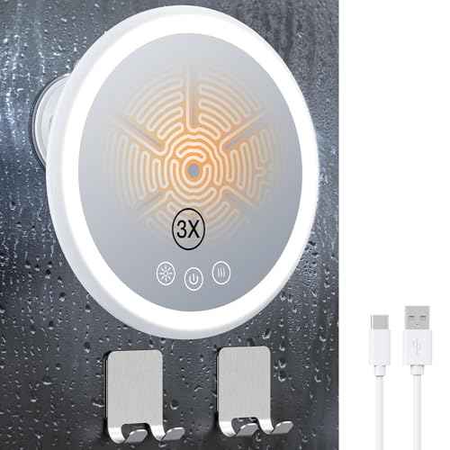 Gospire 3X Magnifying Heated Shower Mirror Fogless for Shaving, 5000mAh Battery, 360¡Æ Swivel & Magnetic Design, 8.3¡± Anti-Fog Shower Shaving Mirror with 3 Color Lights, Includes 2PCS Adhesive Hooks