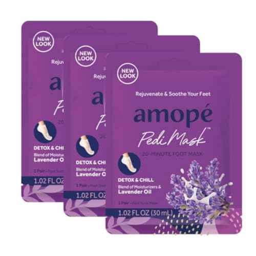 Amop? PediMask 20-Minute Foot Mask, Intensely Moisturizing Socks, Rejuvenates & Soothes, Self-Care, w/ Lavender Oil, Urea, a Blend of Moisturizers & Vitamin Complex for Long Lasting Hydration, 3 pair
