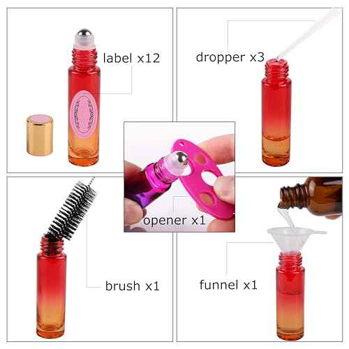 inice 12 Pack,Roller Bottles Gradient Color Glass Bottle for Essential Oils Applicator,10ml Roll on Bottle with Golden Metal Cap for Daily Care