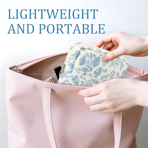 ZLFSRQ Small Quilted Makeup Bag for Purse Mini Flower Quilted Pouch Cute Cotton Makeup Bag with Compartments Aesthetic Cosmetic Bags for Women Coquette Zipper Lipstick Pouch Travel Essentials
