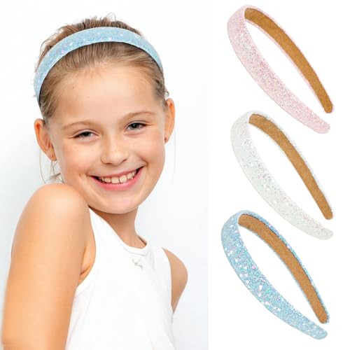 Girls Headbands, 3PCS Headbands for Girls Women Glitter Pink Blue White Headband Sparkly Sequin Headband Hair Accessories