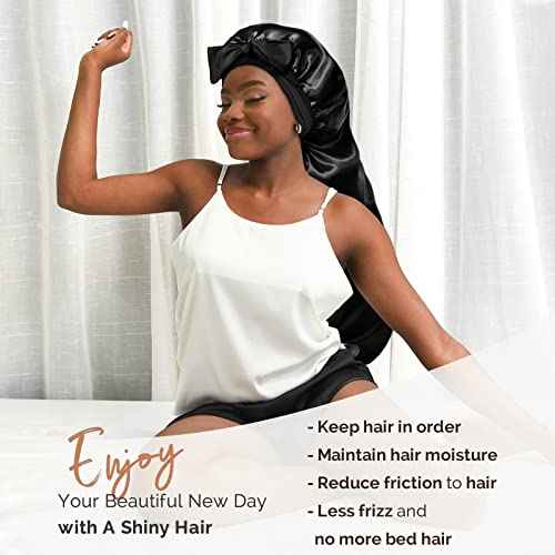 YANIBEST Long Bonnet Satin Bonnet for Sleeping Braid Bonnet with Tie Band Silk Sleep Bonnet for Women Locs Black