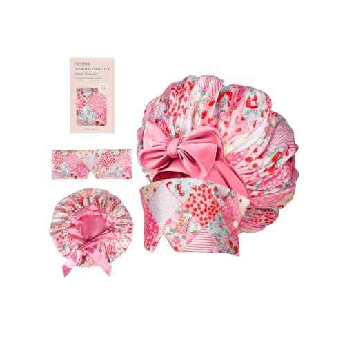 Double Layer Satin Hair Bonnet with Eye Mask Silk Sleep Cap with Tie Head Wrap for Curly Natural Hair Pink Strawberry
