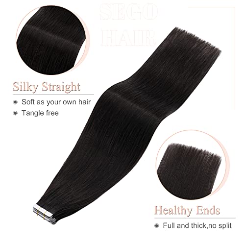 SEGO Tape in Hair Extensions Human Hair 20 Inch Natural Black 40pcs 100g Straight Natural 100% Remy Rooted Seamless Skin Weft Invisible Double Sided Tape Hair for Women